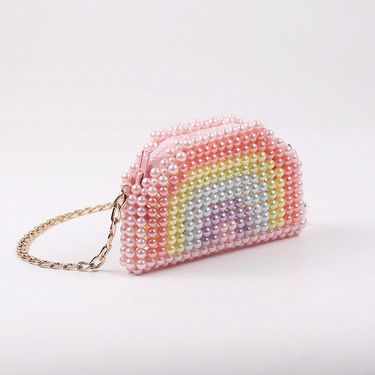 Mini sac à chaîne pour écouteurs avec perles arc-en-ciel, sac fait main en perles, pochette élégante à bandoulière texturée en perles 