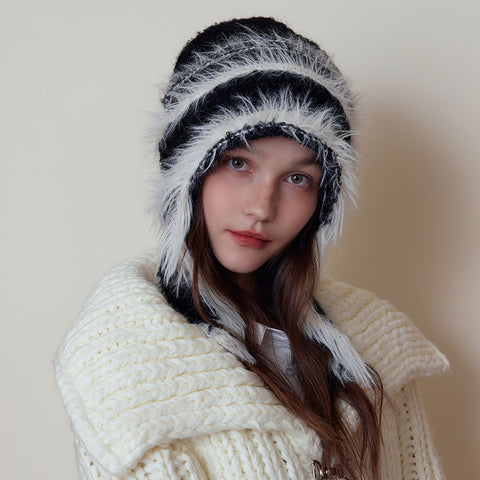 Gestreifte Plüsch Haufen Haufen Kappe Warme Casual Gesicht Abnehmen Gestrickte Hut Toque Trendy 