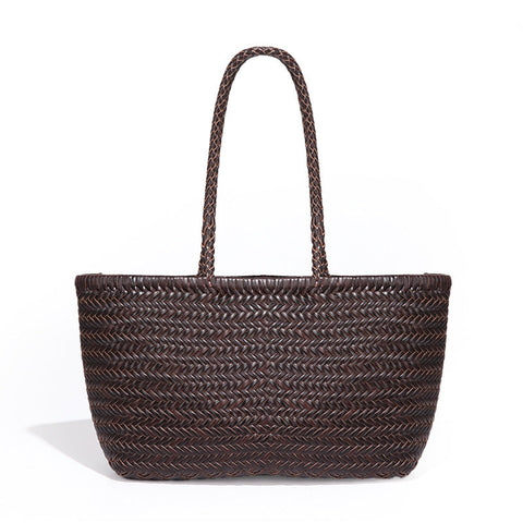 Vegetable Basket Bag Hand Woven First Layer Cowhide Leather Retro Hand Carrying Combination Tote Rattan Weave Bag