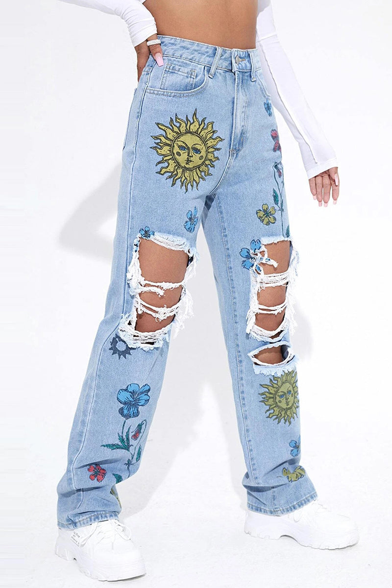 Floral & Sun Print Ripped Jeans