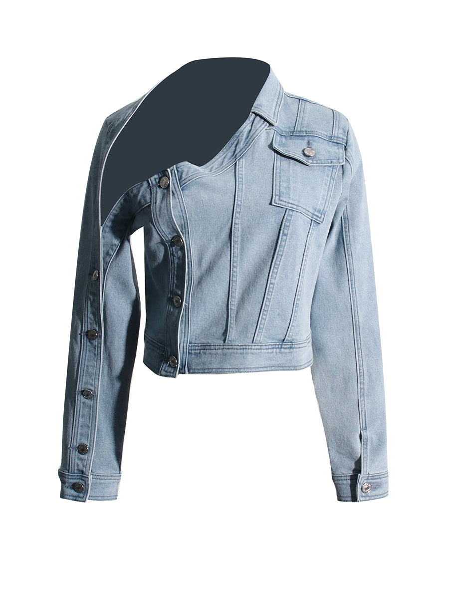 One-Shoulder Long-Sleeved Button-Down Denim Jacket