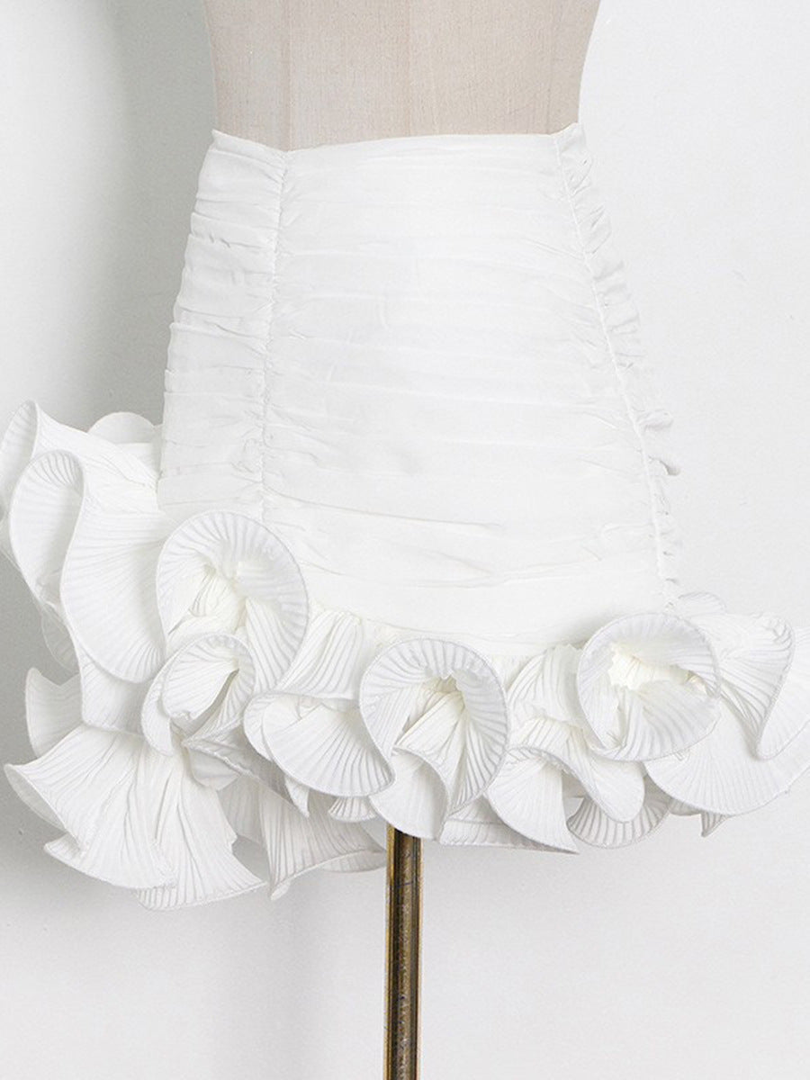 High waist pleated asymmetric hem ruffle skirt