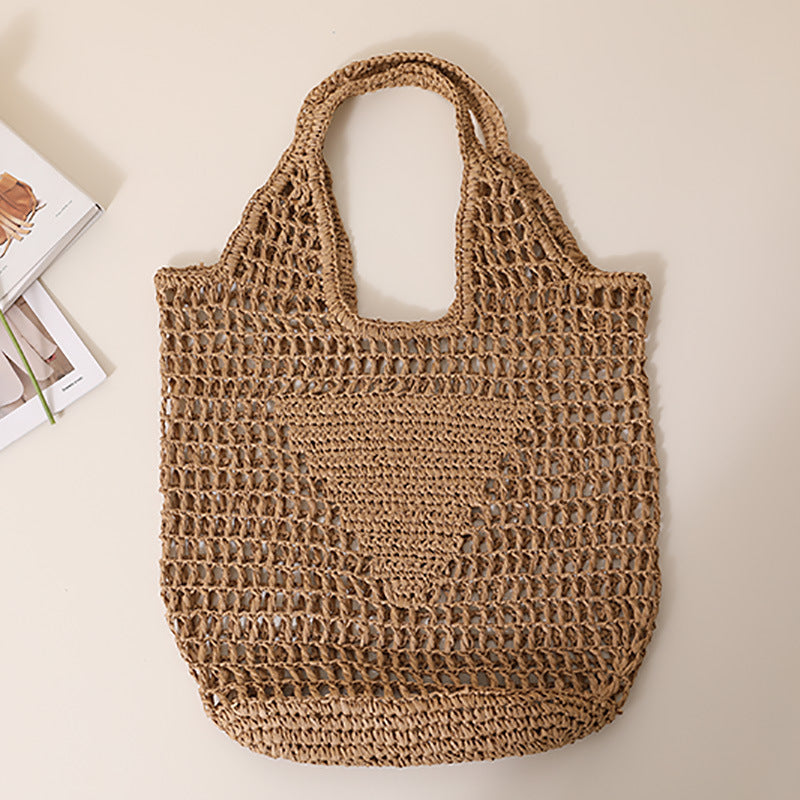 Large Capacity Hollow Out Cutout Straw Bag Fresh Candy Color One Shoulder Tote Portable Beach Bag