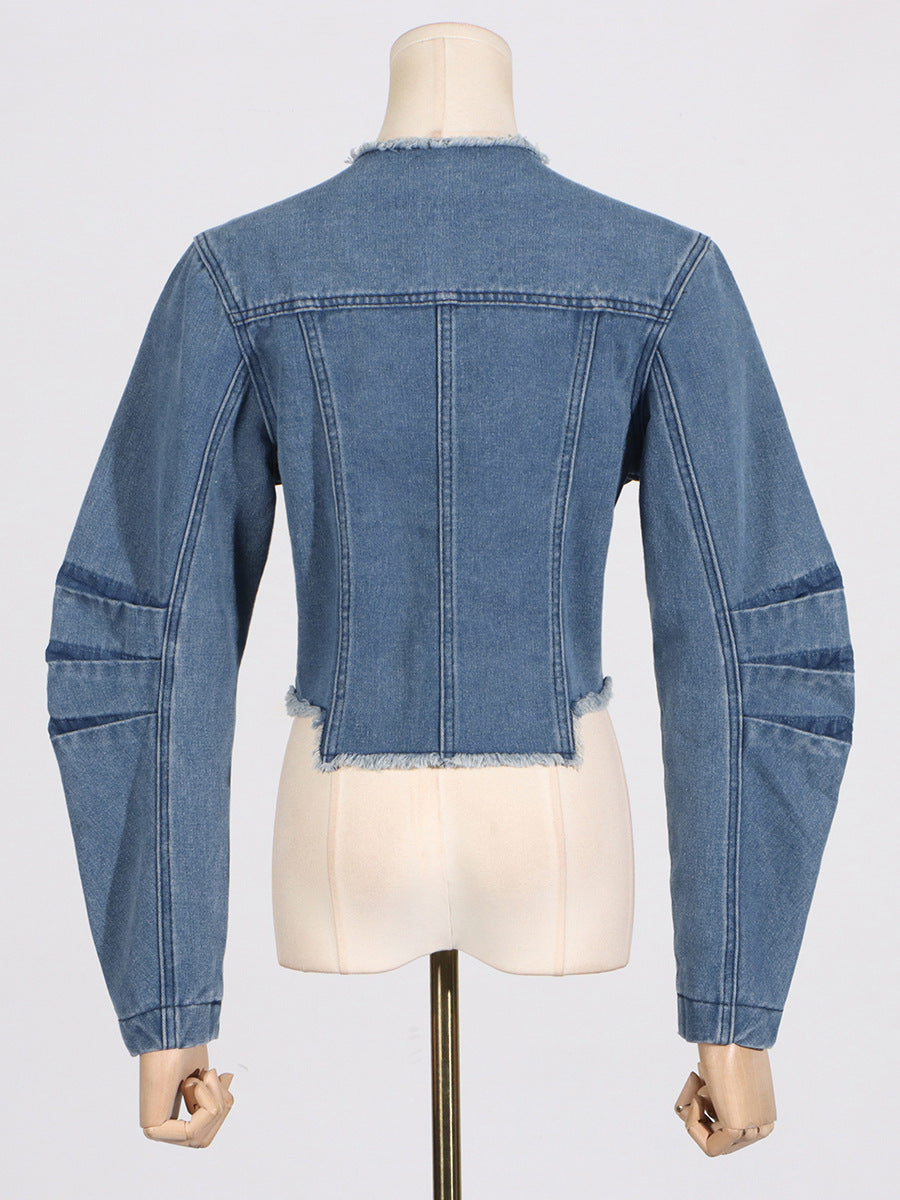 BLUE ROUND SLEEVE CROPPED JACKET