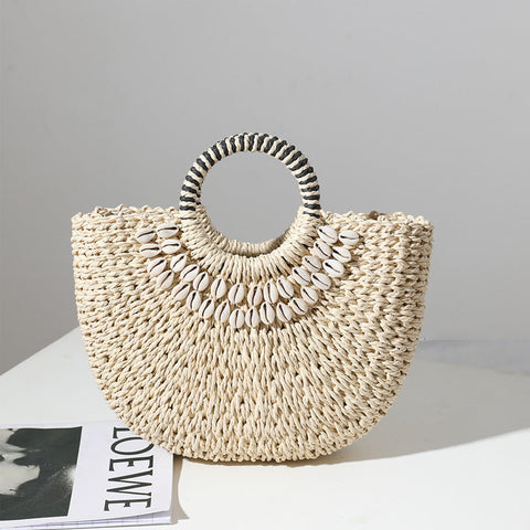 Retro Straw Bag Portable Semicircle Shell Handmade Straw Seaside Vacation Beach Bag