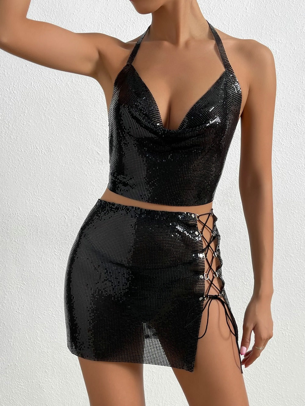 Metallic Sequined Suspender Skirt Set