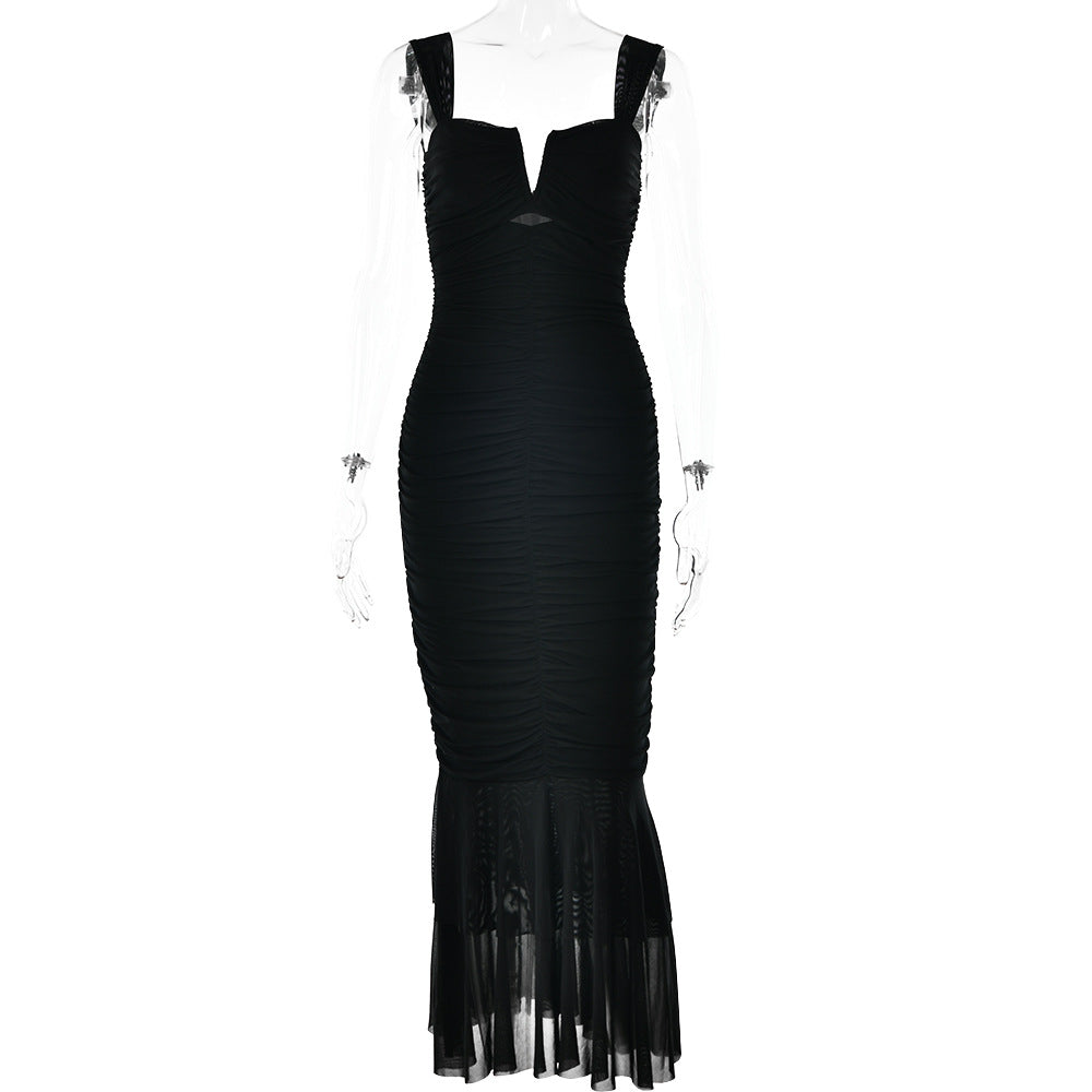 Spaghetti-strap pleated fishtail dress