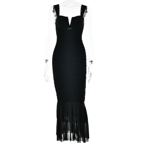 Spaghetti-strap pleated fishtail dress