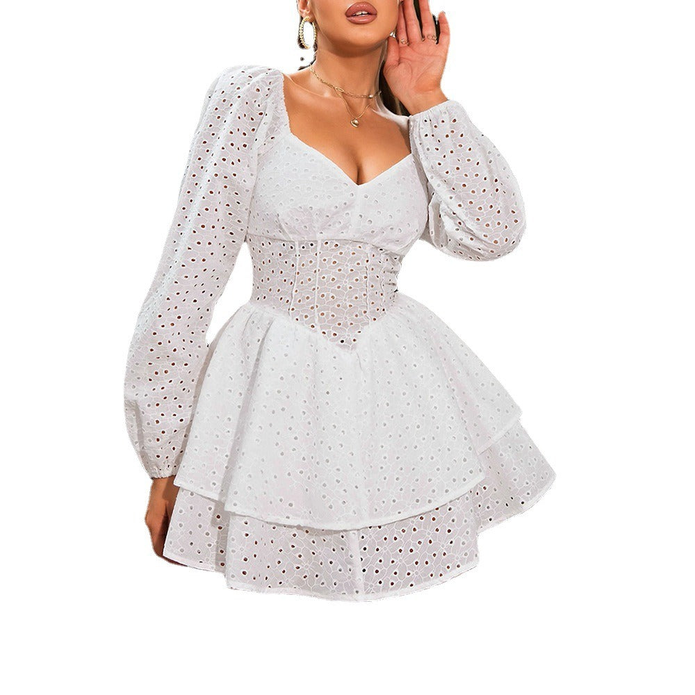 Off-Shoulder Puff Sleeve Hollow Dress