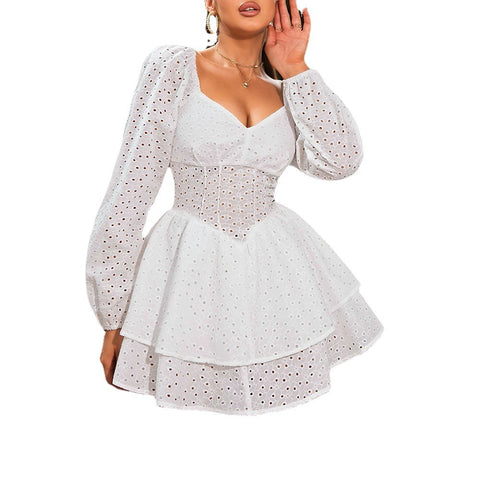 Off-Shoulder Puff Sleeve Hollow Dress