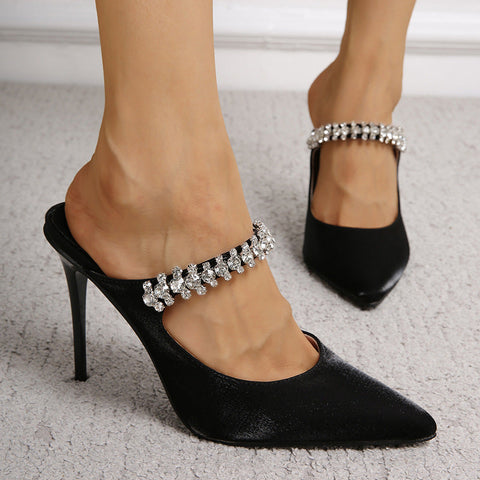 French Rhinestone Pointed Toe Mary Jane Shoes One Strap Heel Shoes