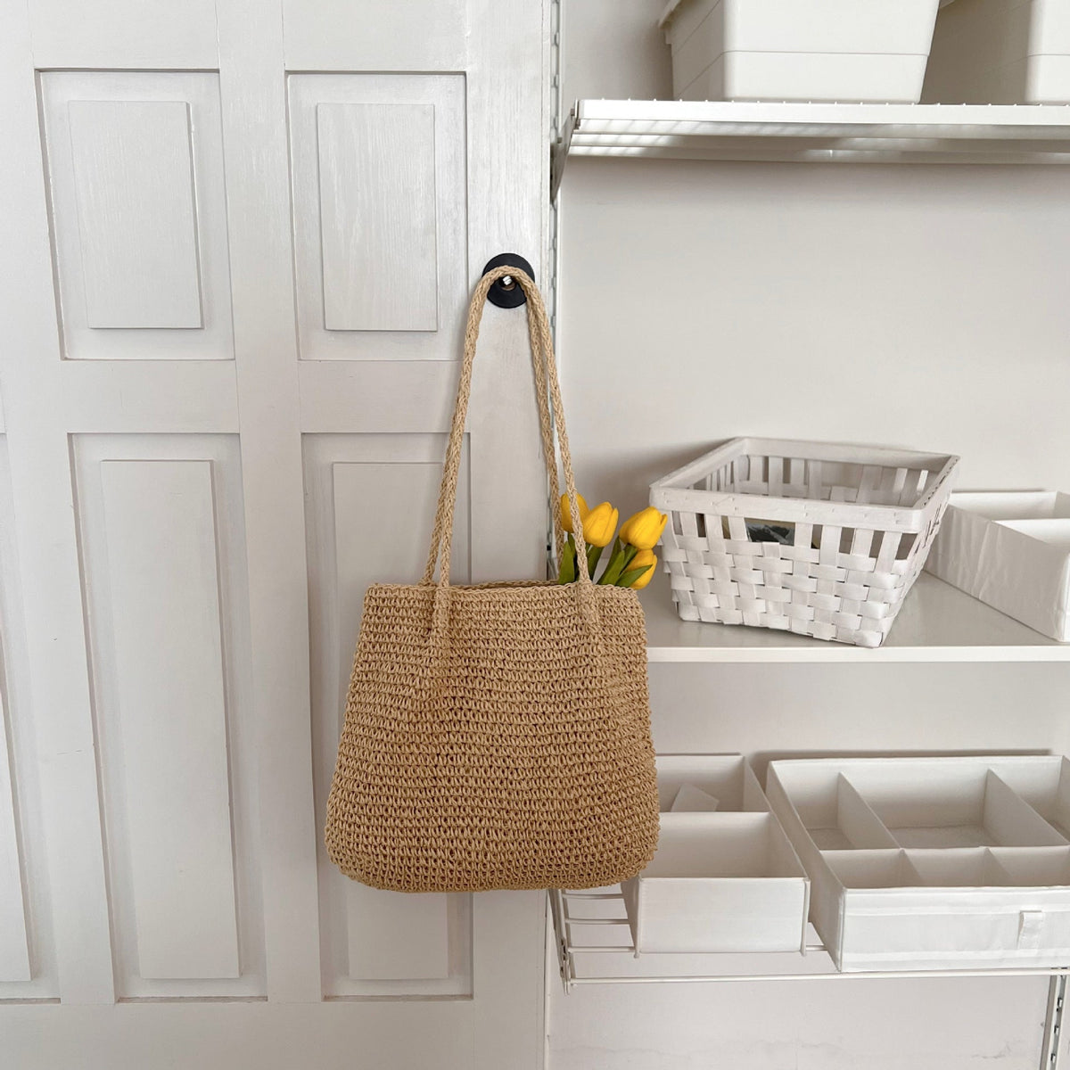 Sac de paille à une épaule de grande capacité, sac de paille décontracté et simple, sac de plage de vacances en bord de mer, sac en rotin tissé pour femmes 