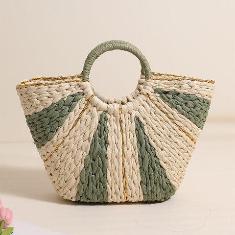 Golden Silk Thread Portable Straw Weaved Bag Large Capacity Tote Vegetable Basket Bag Vacation Beach Bag Hand Carrying Woven Bag