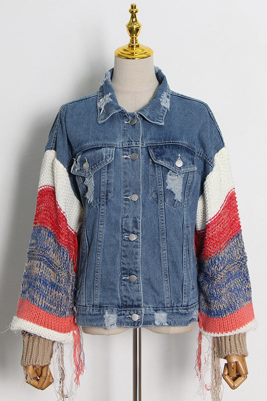 Knit Panel  Denim Button Jacket