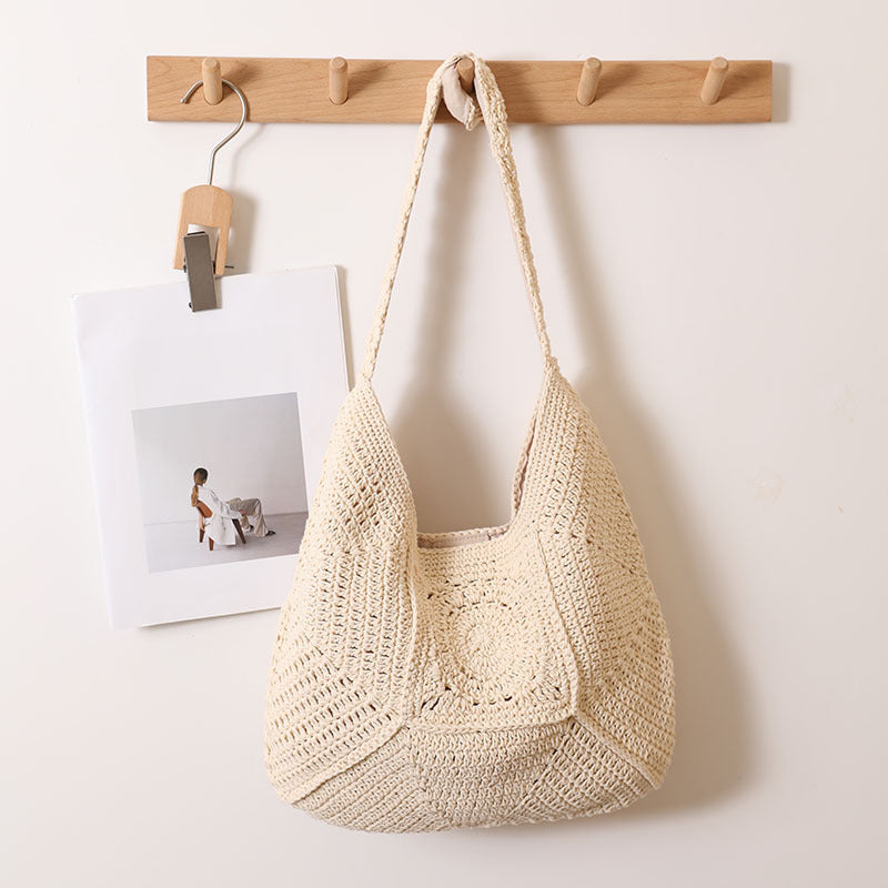 Sac à bandoulière simple de haute qualité, grande capacité, fil de coton, ajouré, découpé, sac de paille floral, sac de plage de vacances 