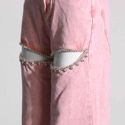 Crystal Cut-Out Straight Jeans - Pink