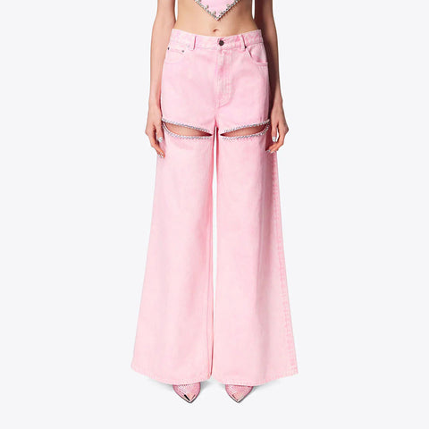 Crystal Cut-Out Straight Jeans - Pink