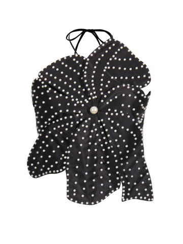 3D Flower Pearl Embellished Halter Top - Black