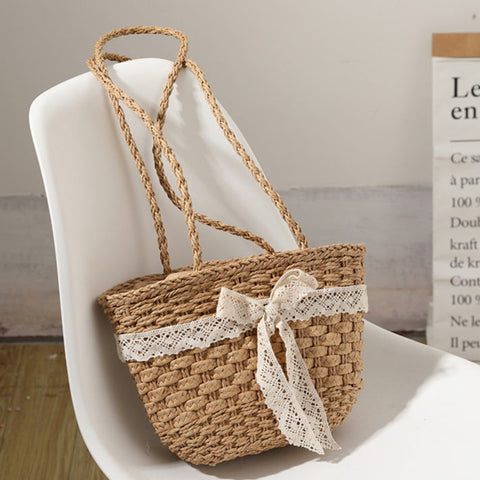 Straw Bag Lace Bow Fairy Seaside Vacation Beach Bag