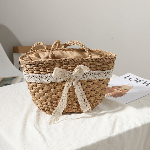 Straw Bag Lace Bow Fairy Seaside Vacation Beach Bag