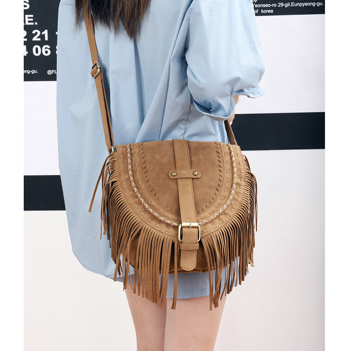 Double Sided Suede Handmade Large Capacity Tassel Retro Khaki Ethnic Messenger Bag