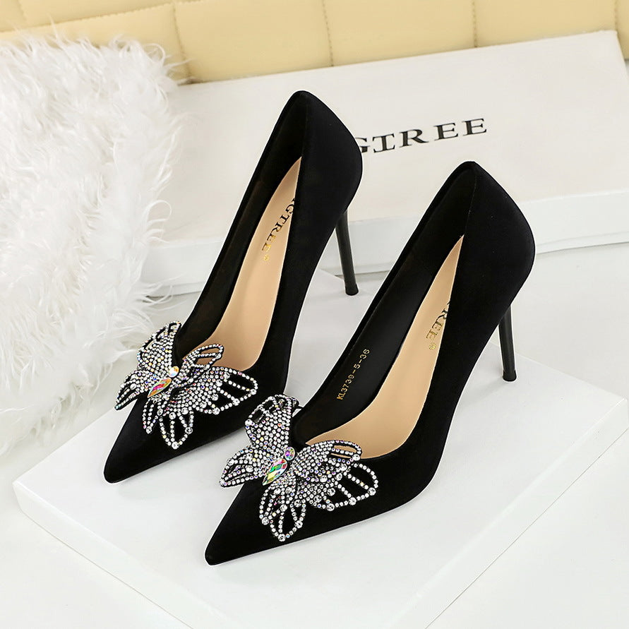 Shining Color Double Layer Bow Decoration High Heels Suede Super High Heel Shallow Mouth Shoes