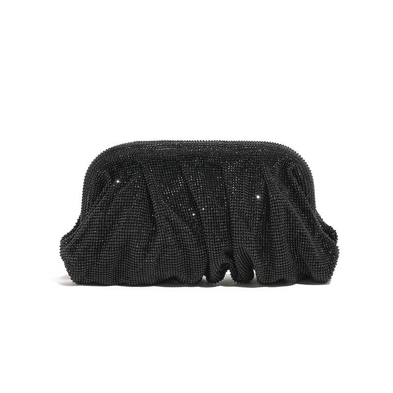 Hochwertige, von Hand mit Diamanten besetzte Clutch mit plissierter Kette und Strasssteinen sowie Wolkenclip, Dinner-Tasche, Umhängetasche mit einer Schulter 