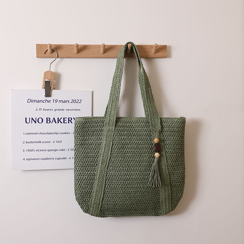 Sac à bandoulière en paille de couleur unie de grande capacité, sac de plage de vacances 