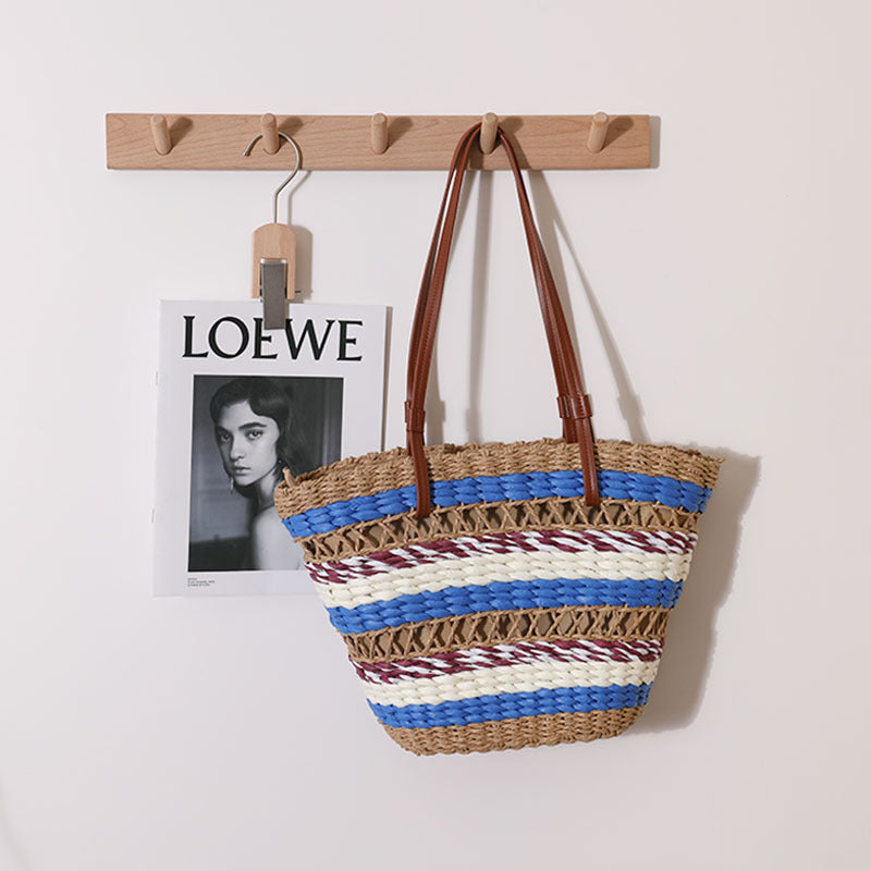 Sac de paille découpé creux sac de paille portable à rayures vintage sac de plage de vacances en bord de mer sac à bandoulière 