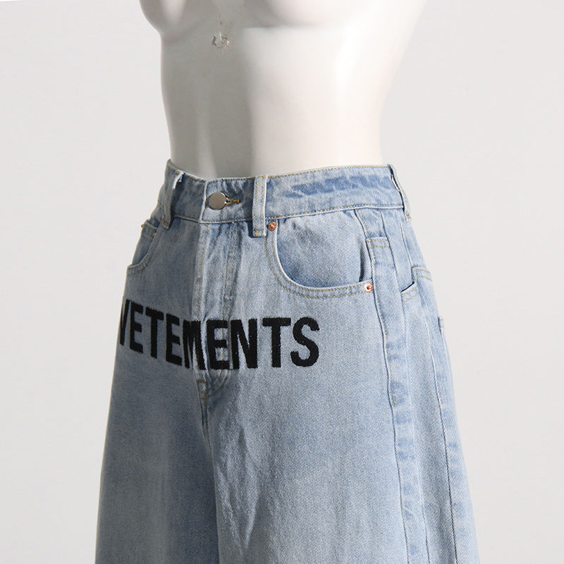 Blue Embroidered Logo baggy Jeans