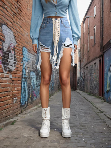 LACED UP DENIM SHORTS