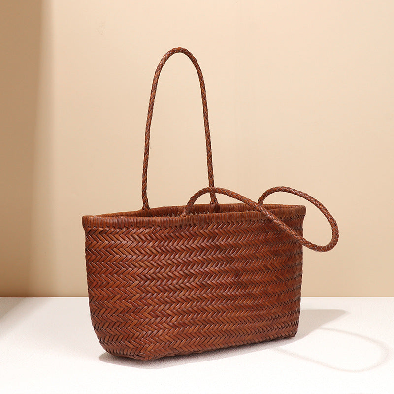 Vegetable Basket Bag Hand Woven First Layer Cowhide Leather Retro Hand Carrying Combination Tote Rattan Weave Bag