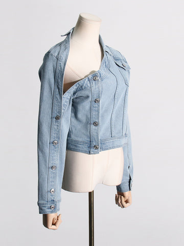 One-Shoulder Long-Sleeved Button-Down Denim Jacket