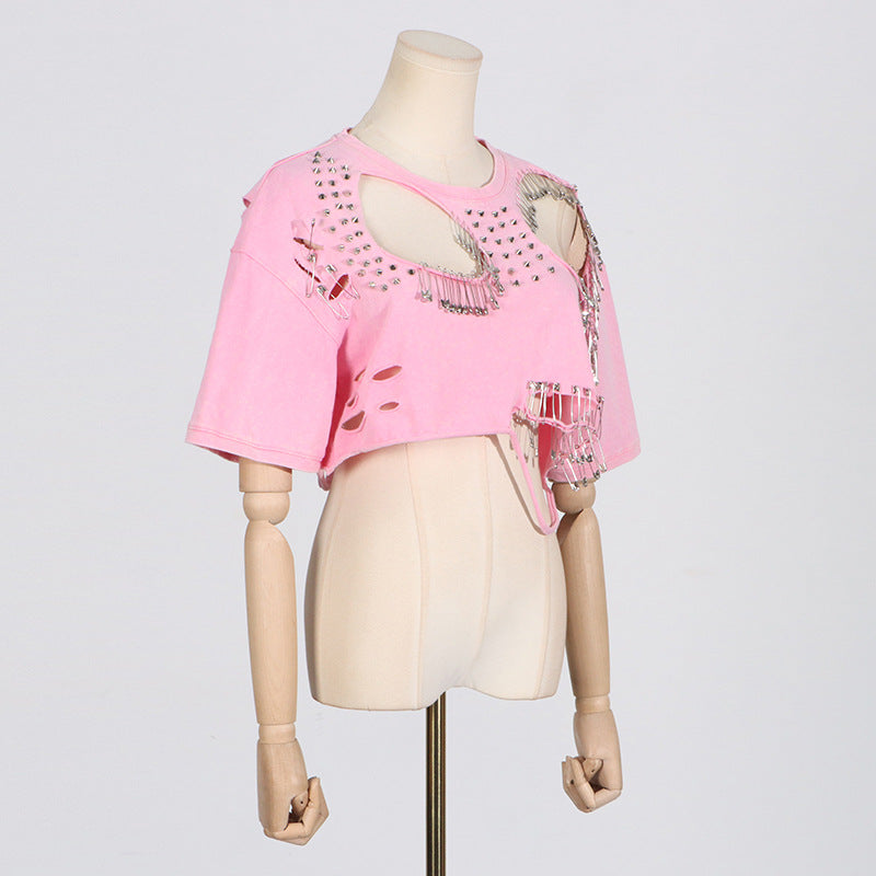 DISTRESSED STUDDED SHORT SLEEVE T SHIRT - Pink