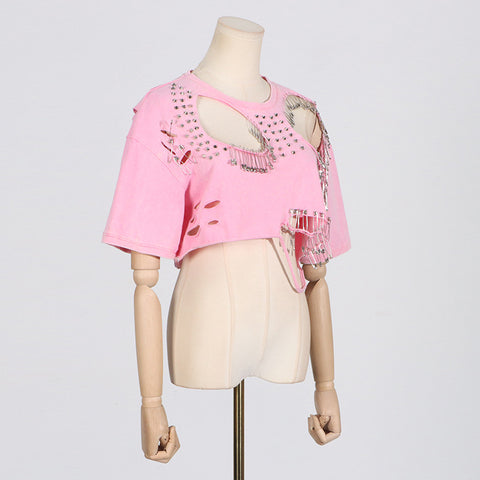 DISTRESSED STUDDED SHORT SLEEVE T SHIRT - Pink