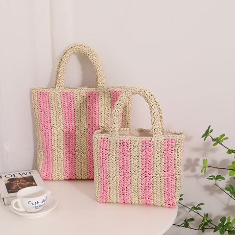 Sac en paille français à rayures verticales Sac en paille de couleur contrastée portable Sac pour femme Sac de plage de vacances en bord de mer 