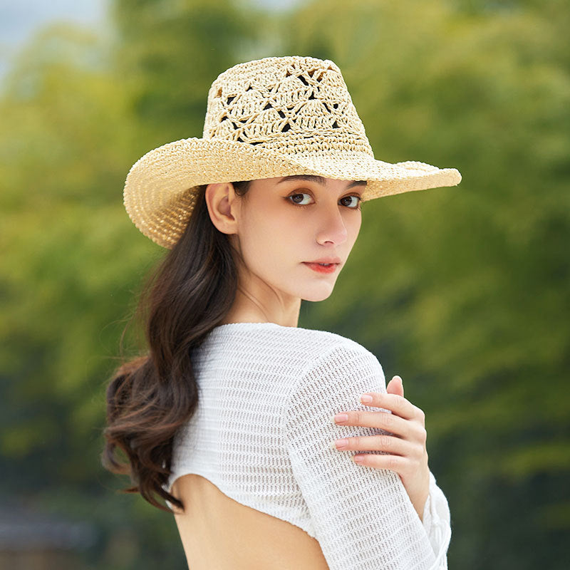 Ausgehöhlter Ausschnitt Gehäkelter Fedora-Hut mit großer Krempe Britischer Retro-Cowboyhut aus Stroh Urlaub Strandhut für Kinder 