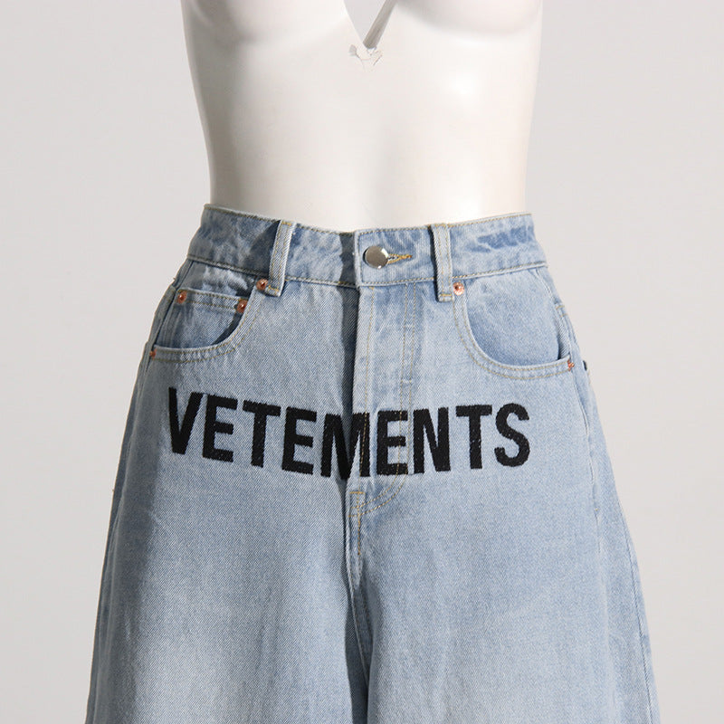 Blue Embroidered Logo baggy Jeans