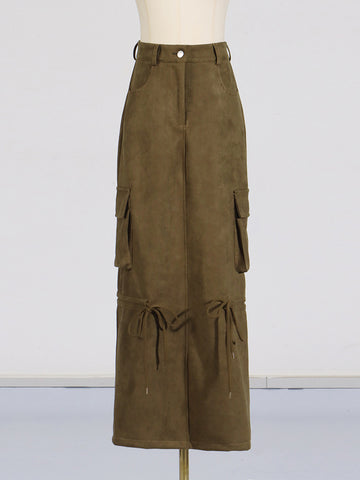 Patchwork Hollow Out Stand Collar Jackets+Cargo Maxi Skirt