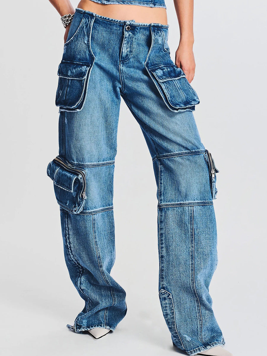 Patchwork high waist overalls loose jeans