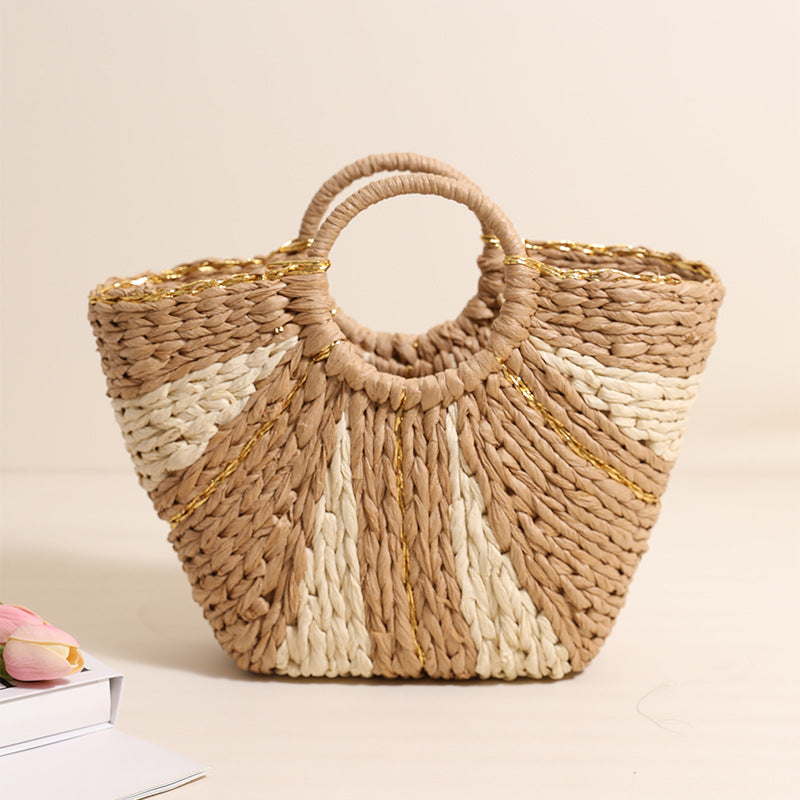 Golden Silk Thread Portable Straw Weaved Bag Large Capacity Tote Vegetable Basket Bag Vacation Beach Bag Hand Carrying Woven Bag