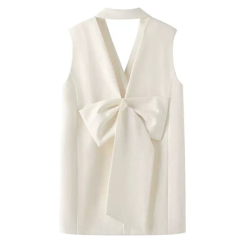 SLEEVELESS BLAZER DRESS WITH BOW - WHITE