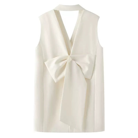 SLEEVELESS BLAZER DRESS WITH BOW - WHITE