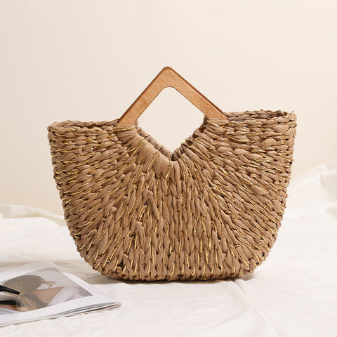 Diamond Shaped Wooden Hand Held Semicircle Straw Bag Gold Silk Mixed Hand Held Vacation Beach Bag