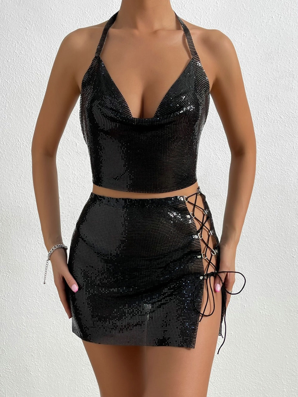 Metallic Sequined Suspender Skirt Set