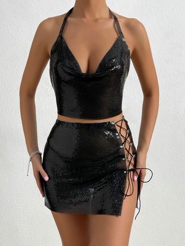 Metallic Sequined Suspender Skirt Set