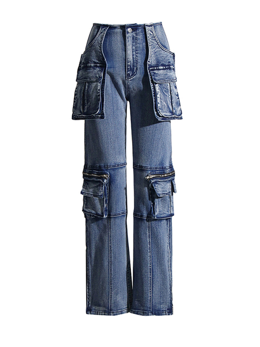 Patchwork high waist overalls loose jeans