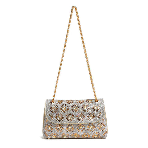 Sac à bandoulière à motif floral, sac de soirée, sac à bandoulière tendance avec chaîne et strass 