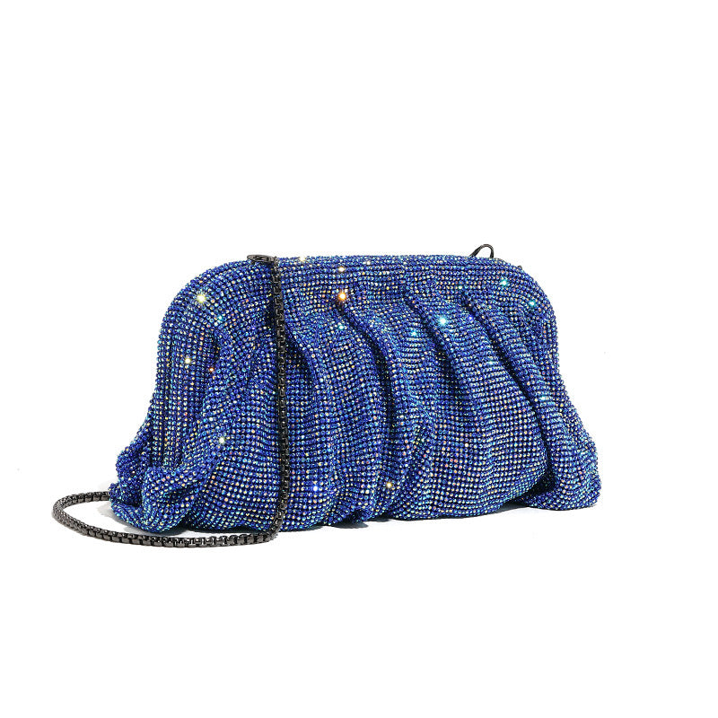 Hochwertige, von Hand mit Diamanten besetzte Clutch mit plissierter Kette und Strasssteinen sowie Wolkenclip, Dinner-Tasche, Umhängetasche mit einer Schulter 