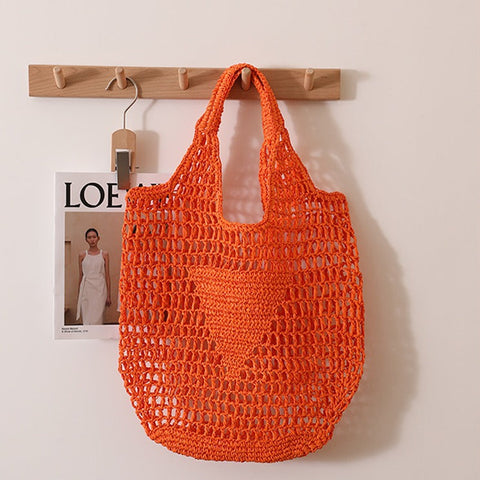 Large Capacity Hollow Out Cutout Straw Bag Fresh Candy Color One Shoulder Tote Portable Beach Bag